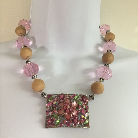 Necklace Hand Made with Vintage Wood and Crystal beads - Picture 1 of 5